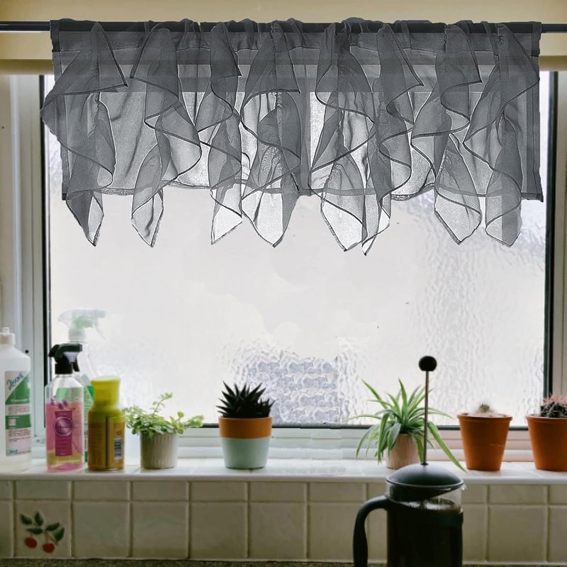 PearAge Ruffled Voile Semi Sheer Curtain Valance, Kitchen Living Room Shabby Chic Ruffle Valance Curtains, Girls Daughters Bedroom Cascade Window Valance Grey 50x16 Inches - Image 4
